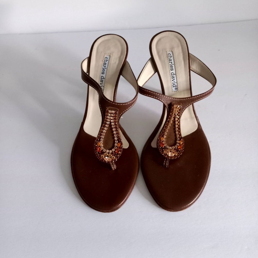 Charles David rhinestone heeled brown leather sandals Slip size 37.5